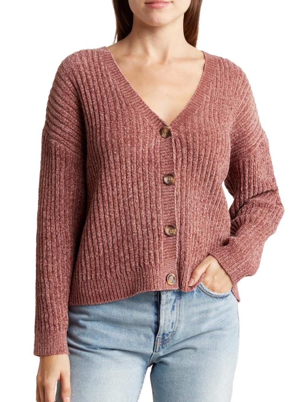Sanctuary Ribbed Chenille Button Front Long Sleeve Cardigan